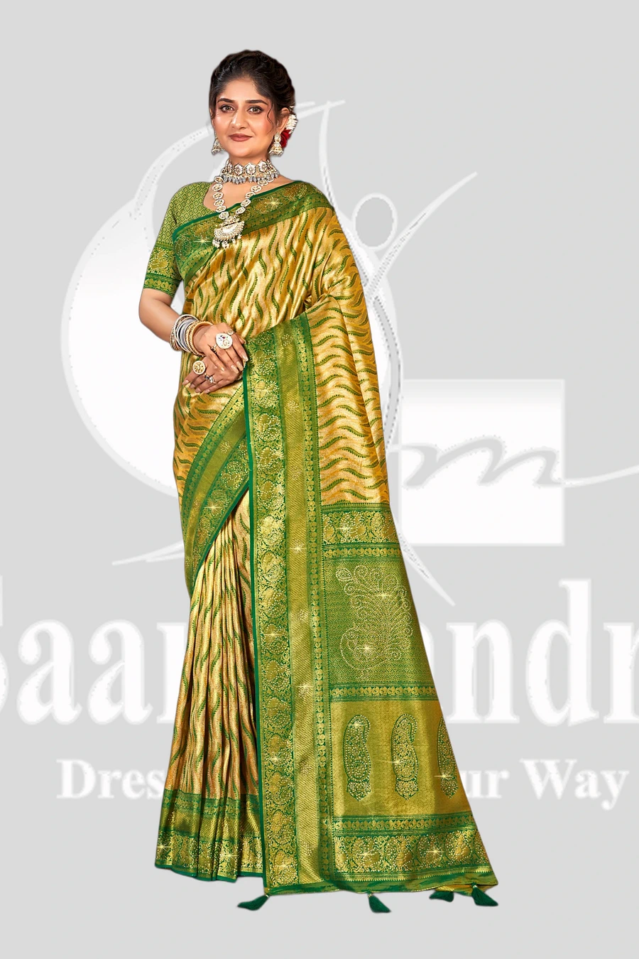 Silk - Olive Green Saree with Rich Zari Woven Border - Fancy Meet